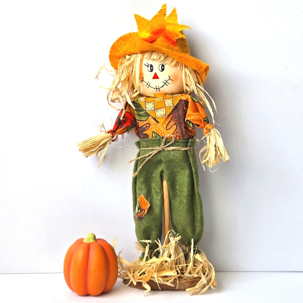 3/10$ VTG Ceramic Pumpkin 2" / 11" Scarecrow Wood Base Autumn Decor Orange/Green
